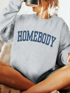 Women's Casual Letter Print Drop Shoulder Sweatshirt, Loose-Fit Thick Long Sleeve Round Neck Pullover for Fall & Winter, Loungewear Daily Wear Womenswear