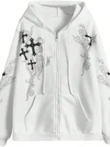 Gothic Print Zipper Sweatshirt, Bottom Pattern, Oversized Loose Fit, Unisex American High Street Style, Fall & Winter