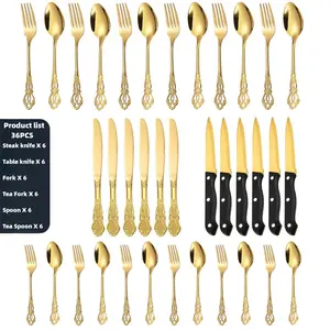 Royal Collection Dinnerware Set, Gold/Silver 36-Piece Stainless Steel Flatware Set for 6 People, Knives, Forks, Spoons, Teaspoons, Dessert Forks, Steak Knives, Suitable for Home, Hotel, Camping, Parties, Dishwasher Safe