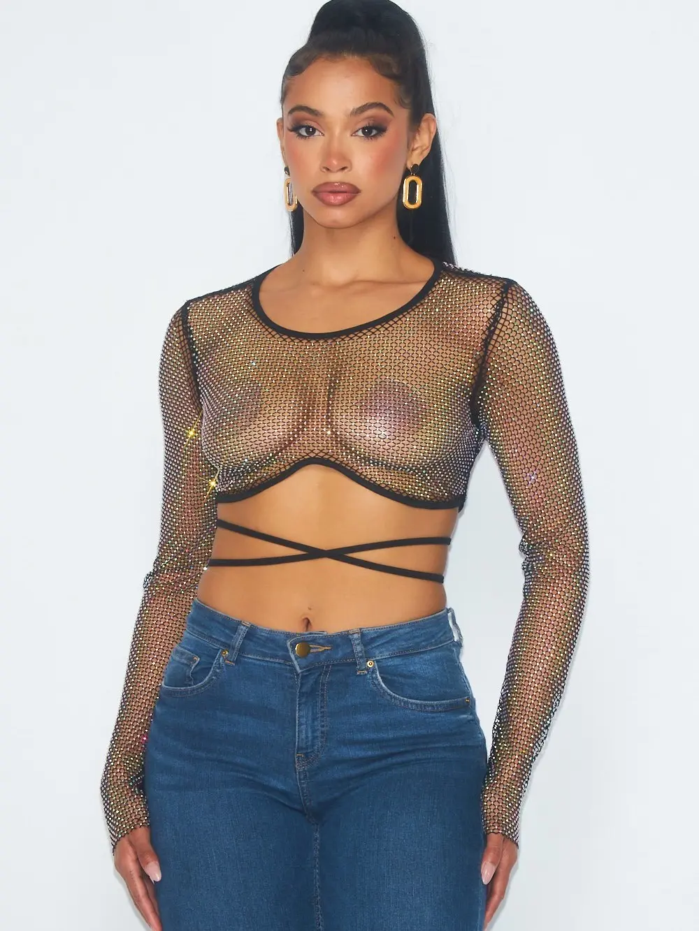 Women's Starstruck Stretchy Mesh Crop Top Blouse - Adjustable, Shimmer Rhinestone Embellished, Sheer Long Sleeves, Light-Fit Statement Style Shirt
