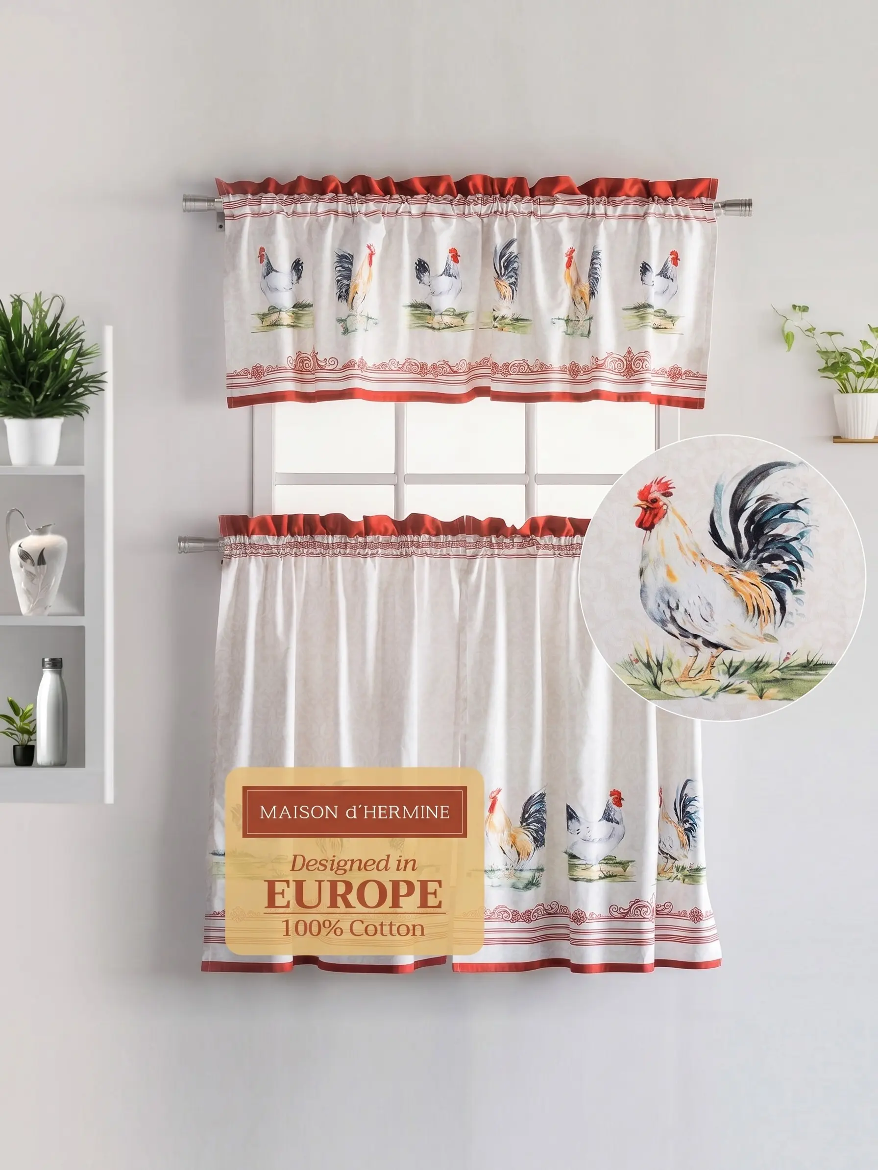 Maison d'Hermine 100% Cotton Kitchen Curtain Set - Colorful, Vintage Floral, Botanical, Breathable Lightweight - 2 Tiers (28"X36") & 1 Valance (56"X18") for Cafe Easter Home Decor, Colorful Curtains, Vintage Floral Curtains