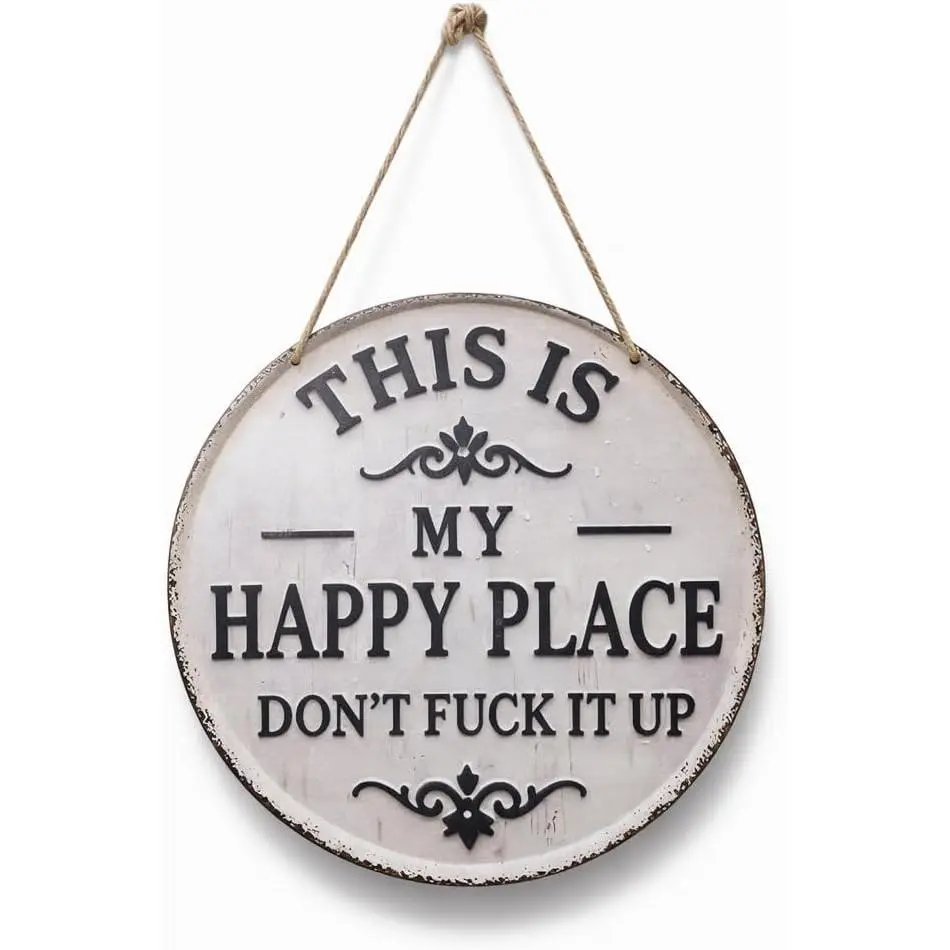 Happy Place Round 1-Piece Metal Sign 12in - Hanging Decorative Outdoor Wall Art Plaque, Rust-proof Aluminum, Pre-drilled Holes, UV-resistant Ink, Witty Rustic Home Accent, Ideal Gift, One-Piece