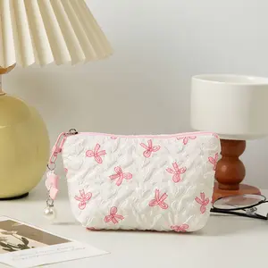 Wind-Ruffled Bow Makeup Bag, Fabric Lipstick Case, High-End Coin Pouch, Menstrual Pad Holder and Key Wallet, Valentine's Day Present, Makeup Storage Bag, Handheld Cosmetic Pouch, Makeup Organizer Pouch, Travel Cosmetic Bags