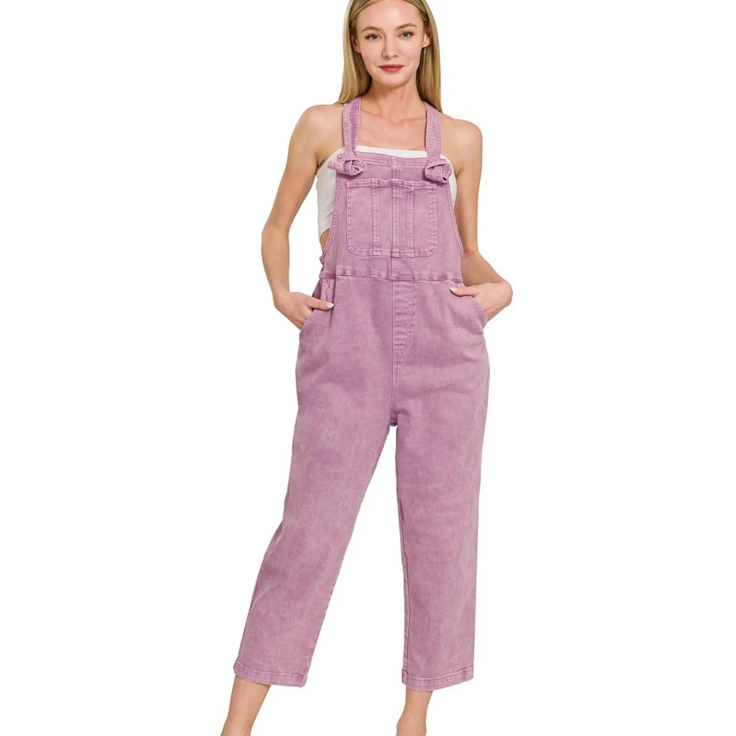 Zenana Washed Knot Strap Relaxed Fit Overalls