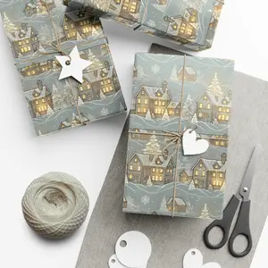Snowy Village Wrapping Paper with Golden Lights on Soft Gray Charming Holiday Gift Wrap
