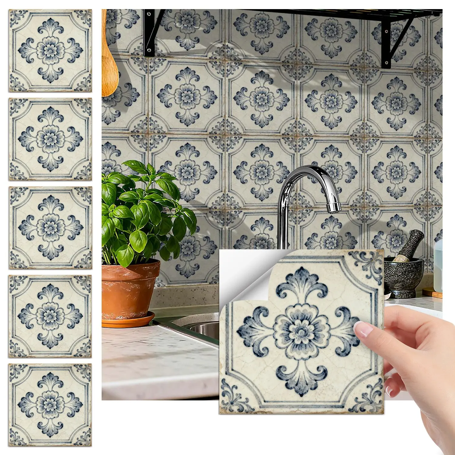 24PCS/Box FHZ Blue Vintage Floral Art Tile Sticker | Matte PET Peel-and-Stick Removable Decorative Kitchen Stickers Wall Sticker Backsplash | Elegant Kitchen Backsplash Decor Floral Wall Decals