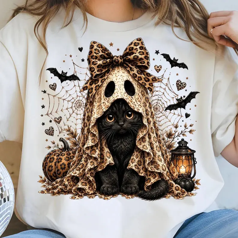 Leopard Ghost Black Cat Halloween T‑Shirt, Spooky Season Kitty Tee, Retro Fall Ghost Cat Shirt, Leopard Print Bow Pumpkin Bat Graphic Tees