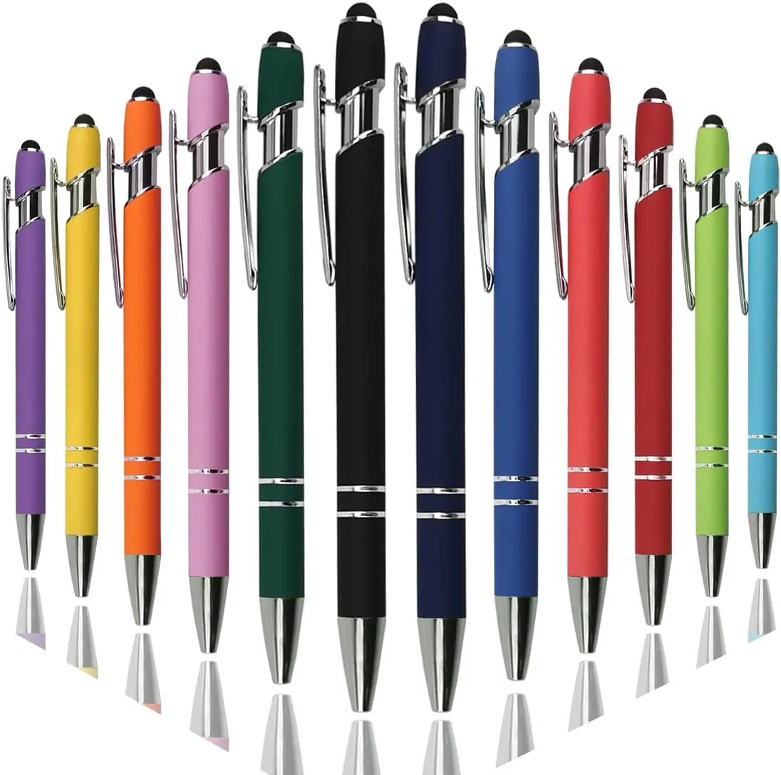 12PCS Ballpoint Pen with Stylus Tip, Soft Touch Click Metal Pen, 1.0mm Medium Point, Black Ink,Mixed Color
