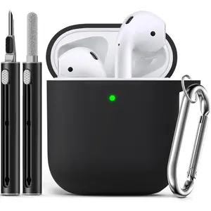 for Airpods Case Cover with Cleaner Kit,Soft Silicone Protective Case Compatible with Apple AirPods 2nd/1st Generation Charging Case with Keychain,Shockproof AirPod Case for Women Men-Black