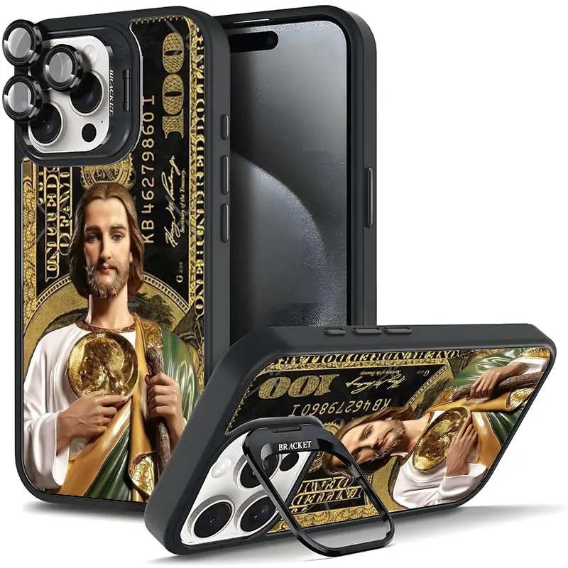 Jesus & Dollar Currency Style Cellphone Cover with Magnetic Metal Camera Lens Frame Film, Bracket Stand, Shockproof Protector for iPhone 17/Air 16/16 Plus/15/14/13/12/11 Pro Plus Max, Durable Full Protection Mobile Accessory Gift 11X-L0524, Smartphone, Ha