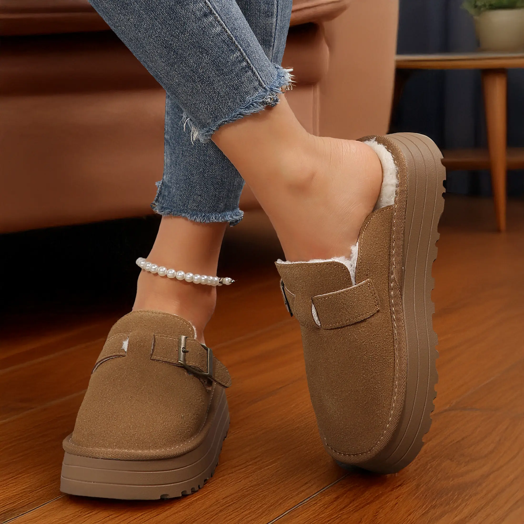 Women's Plush Lined Platform Mules Warm Buckle Slip-On Winter Slippers Indoor Outdoor Shoes Springfresh Rubber Classic