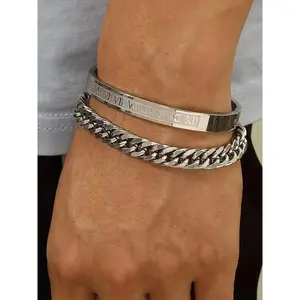 2counts/set Men's Summer Plain Stainless Steel Link Chain Bracelet & Roman Numerals Design Bangle, Stainless Steel Jewelry for Birthday Gift, Fashion Bracelets