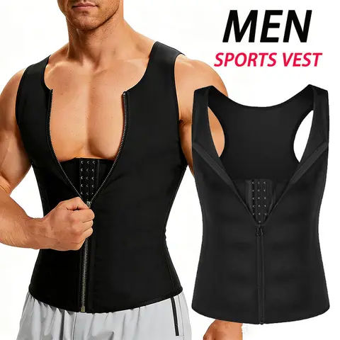 CATTIBOR Men's Compression Garment Sports Sauna Vest - Sleeveless Gym Clothing Front Zipper Eyes Design, Sweat Wicking Workout Vest for Running Fitness Waist Training Undershirt Body Shaper