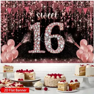 Rose gold 16th birthday decoration banner, rose red sweet 16th birthday theme party supplies, indoor and outdoor 16th birthday background photo booth fabric, home/room/wall decoration, photography studio props, birthday parties, anniversaries