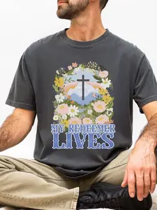 My Redeemer Lives Unisex Easter T-Shirt Floral Cross Distressed Christian Tee