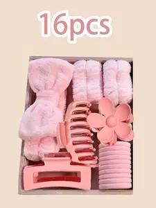 16pcs-Pink-Wave-Shape-Elagant-Solid-Padded-Headband-Wrist-Band-Plush-Scrunchie-Flower-Hair-Clip-Pink-Accessories
