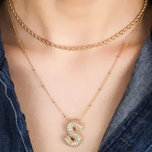 A-Z Bubble Letter Necklace for Women, 14K Gold Plated Charm Layered Balloon Initial Letter Pendant Monogram Necklace, Inlaid Zirconia Rhinestone Letter Necklaces Chain Layering Necklaces for Girls