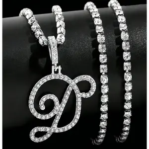 26 Cursive Initials Pendant Necklace With 4MM AAA+Tennis Chain for Women - Sparkling -Adorned Jewelry,Casual Attire Hip Hop Necklace, Special Occasion, Trendy Design, Fine Jewelry