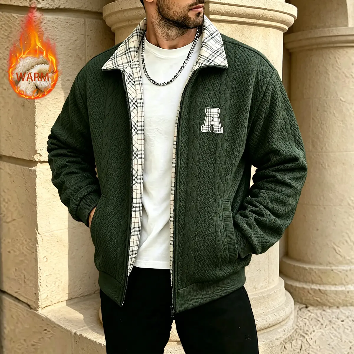 Men’s turn-down collar fleece-lined jacket, warm and cold-resistant; casual outdoor workwear jacket with a classic, multifunctional, stylish design, suitable for everyday outdoor wear.