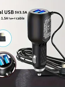 Car Charger GPS 3.5m Cable 5V3.5A Charging 2USB Output, Car Charger Fast Charging Charger Mini Right Type C Power Cord Cable for Car