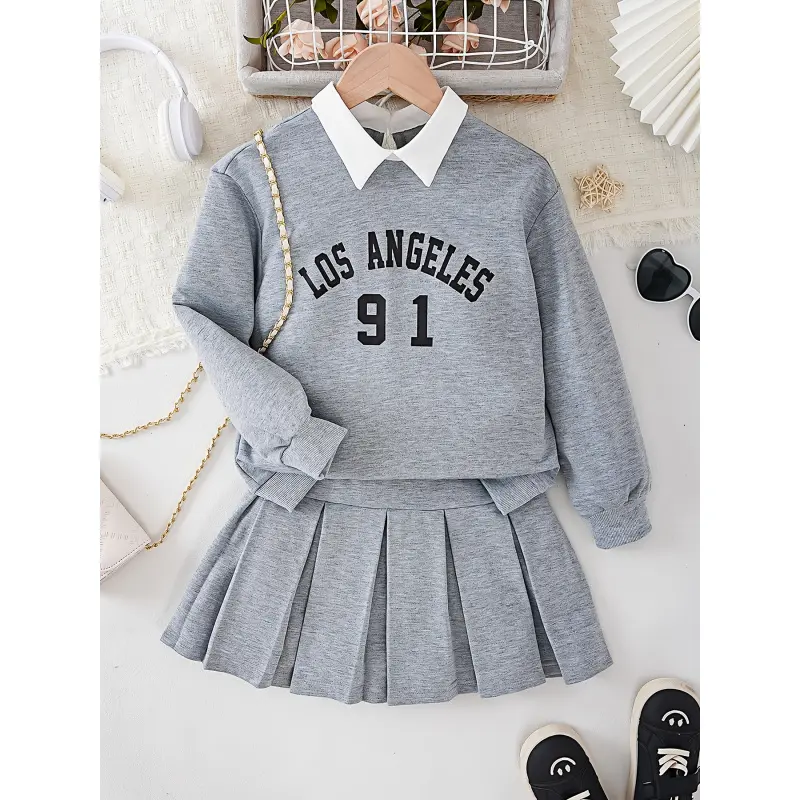 Girls' 2-Piece Kids Clothing Set - College Style Letter Print Shirt, Pleated Skirt Casual Sportswear Outfit for Teens, Perfect for Outdoor Activities (Clothes for Girls), Kids Clothing Girls