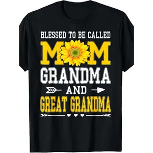 Men's Wear Plus Size - Plus Size - Plus Size - Women'S Large-Sized Grandma & Great Grandma T-Shirt |   Oversized 0XL-5XL Black with Yellow Lettering & Floral Design, Casual Crew Neck, Slight Stretch Fabric, Geometric-Pattern