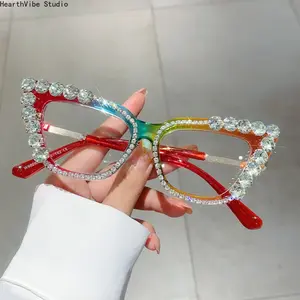 Rainbow Cat-Eye Non-Prescription Glasses Frames — Trendy, Rhinestone-Embellished, Western Retro-Fashion Style with Blue Light Protection