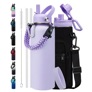 64 OZ Stainless Steel Sports Water Bottle - 32/40/64 Oz Insulated Water Jug with Straw & Auto Spout Lid, Paracord Handle, Bottle Sleeve, Cold 48H Hot 24H, Sweat-Proof Tactical Flask for Hiking,Lilac Purple