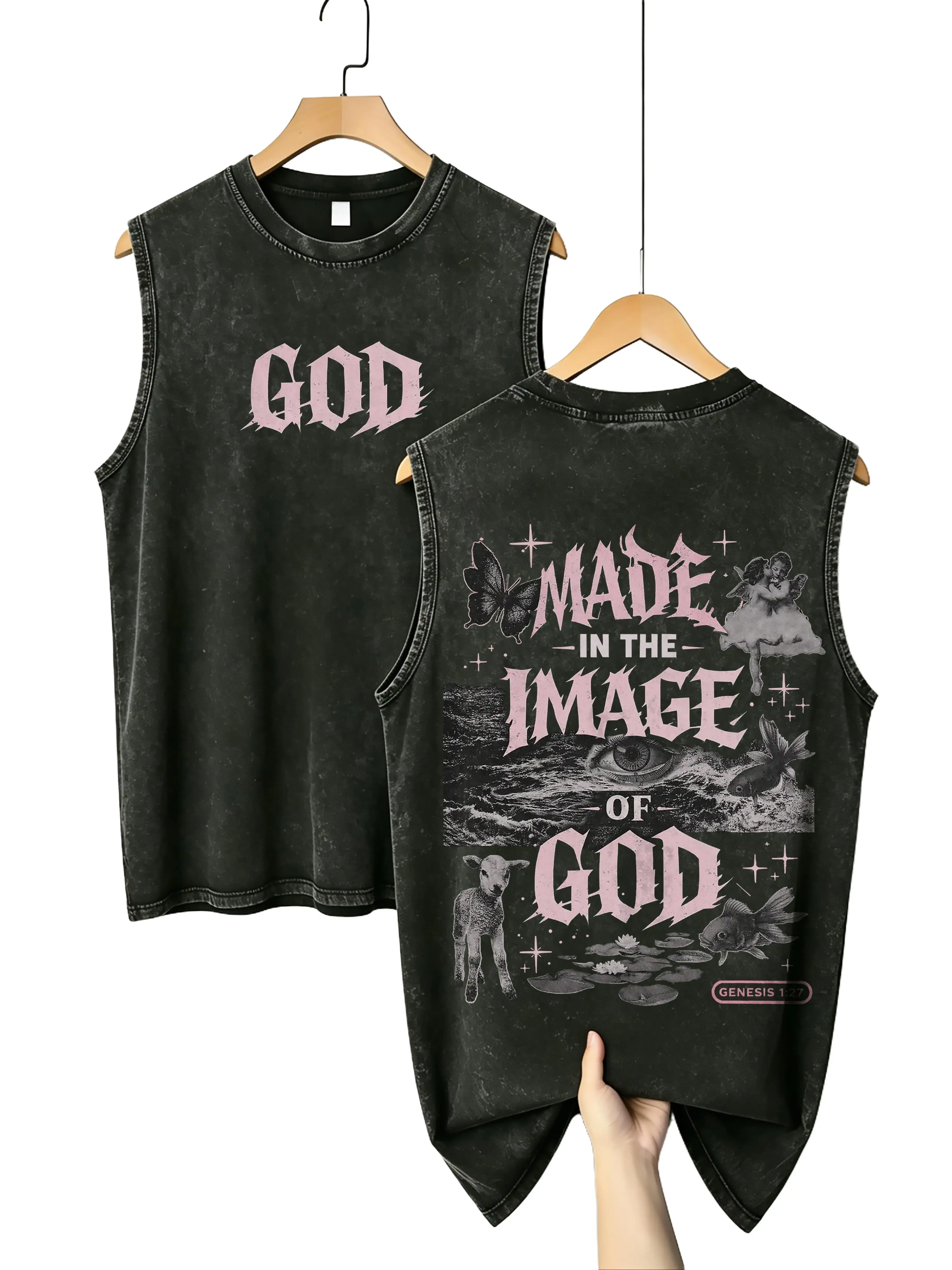 Vintage Washed Graphic Tank Top Men, Gothic God Print Sleeveless Shirt, Oversized Streetwear Summer Casual Top Y2K Fashion