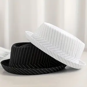 Classic Striped Fedora Hat for Men and Women - Short Brim Jazz Cap with Black & White Vertical Stripes, Felt Material, Perfect for Formal Events