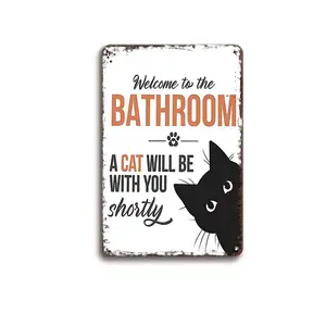 2D Flat, 1pcs Flat Funny Welcome to the Bathroom Cat Metal Sign - Old Style Tin Poster 12x8 Inch Humorous "The Cat Will Be With You Soon" Wall Decor for Bathroom, Kitchen, Office, Halloween Decorations