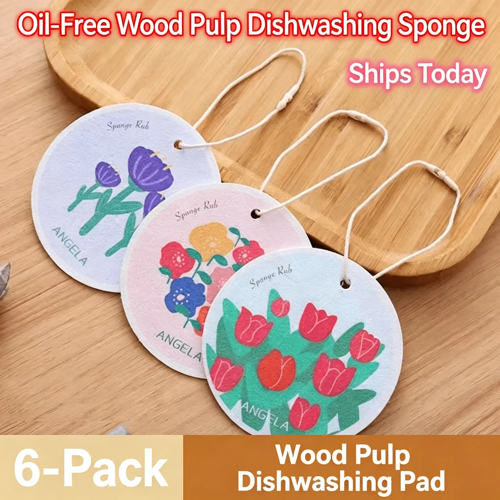 6pcs/set Wood-Based Eco-Friendly Cellulose Scrubber Pads - Scratch Free, Thickened Soft, High-Absorbency Expandable Foam Floral, 2026 Cute Home Care Cleaning Tools for Kitchen & Bathroom, Scratch Free Sponges, Scrubber Pad, Sponges Scrubbers