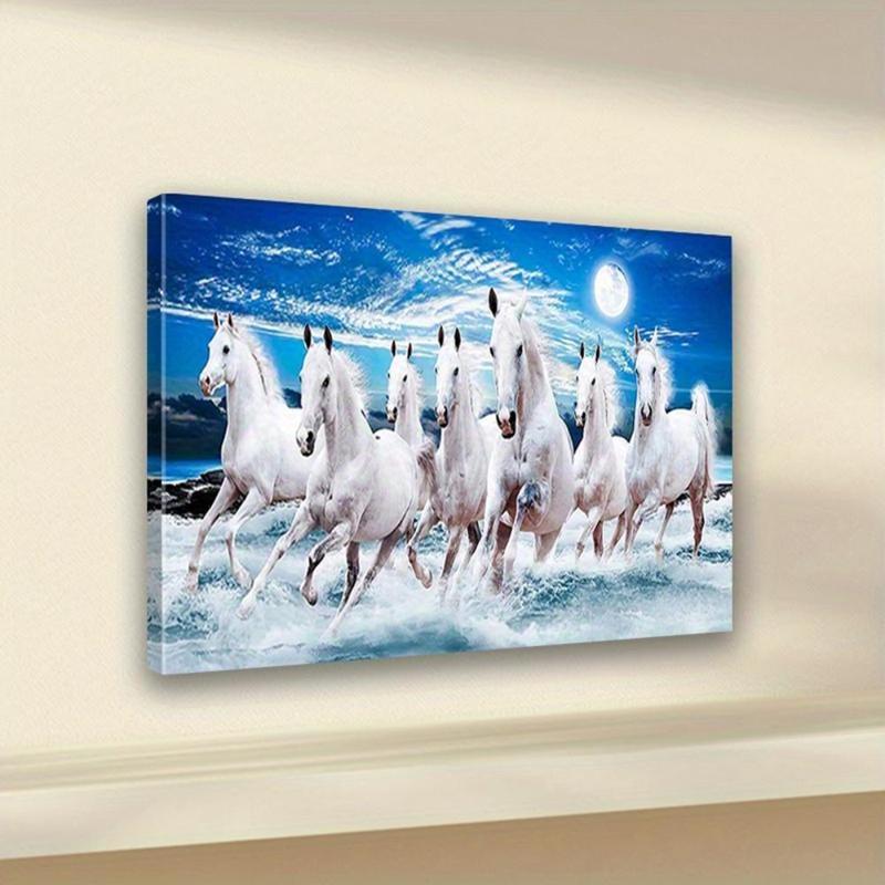 Seven Lucky Galloping Horses Modern Framed Canvas Wall Art Ready Hang High-Definition Print for Home Office Bedroom Decor