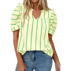 Tankaneo Womens Puff Sleeve Striped Blouses Dressy Casual V Neck Shirts Summer Trendy Loose Fit Tunic Tops