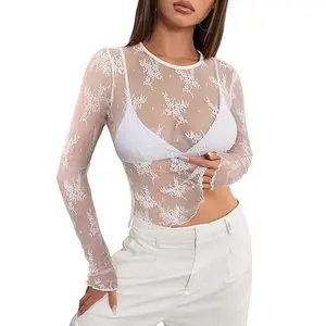 MEROKEETY Womens 2026 Long Sleeve Lace Sheer Mesh Tops Undershirt Sexy See Through Going Out Crewneck Blouse Shirts Clothes