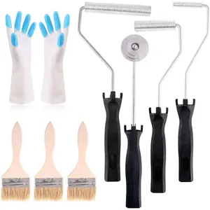 4 count Fiberglass Roller Tools and 1 count Detail Brushes with 1 Pair Glove Kit, Fiberglass Bubble Paddle Tool Laminating  Roller Kit for Mold  Fiberglass  Tub Shower Bathtub