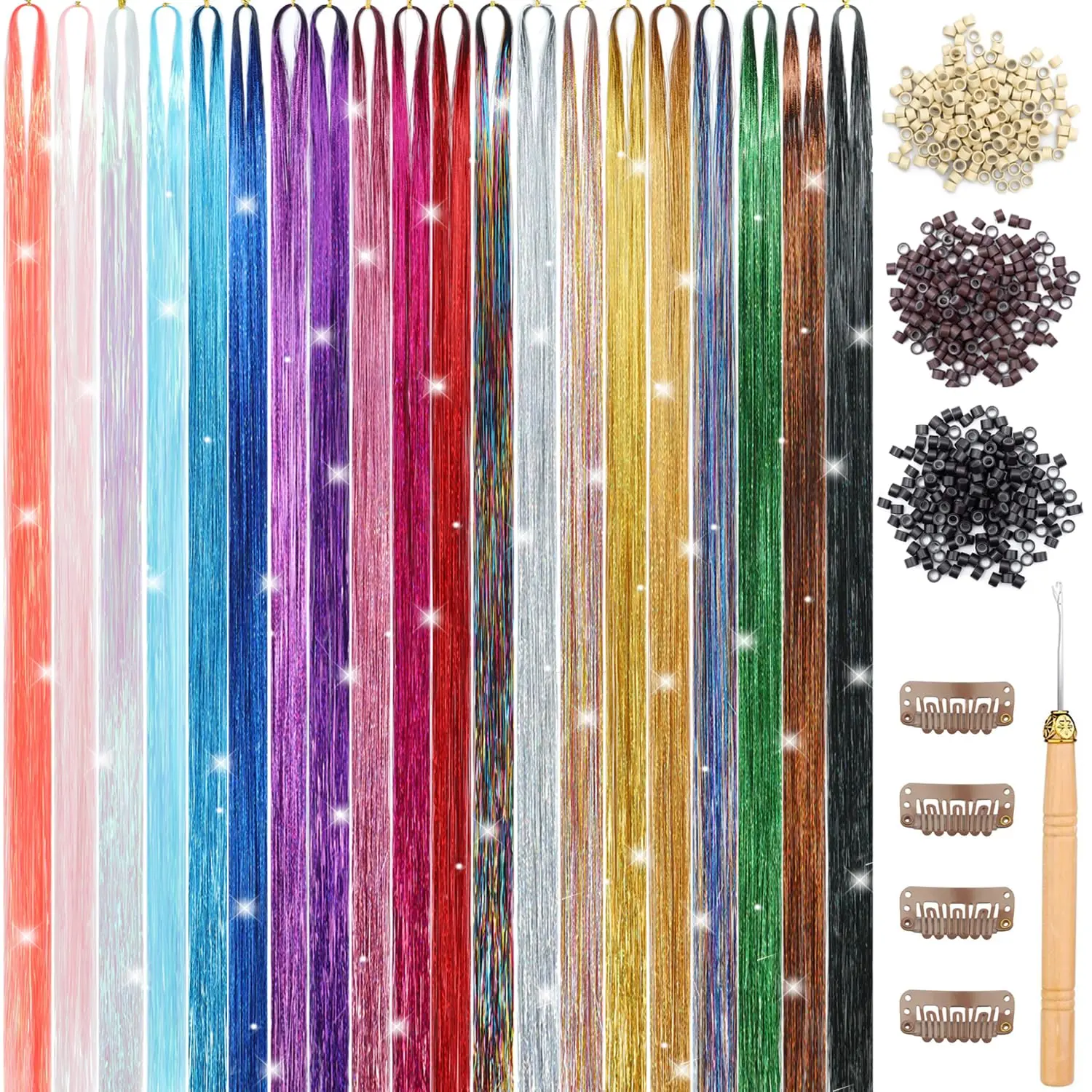 Hair Tinsel Kit 4800 Strands Fairy Hair Tinsel Heat Resistant 48 Inches Glitter Tinsel Hair Extensions Highlights Sparkling Hair Tinsel Kit for Girls Hair Accessories Party Festival