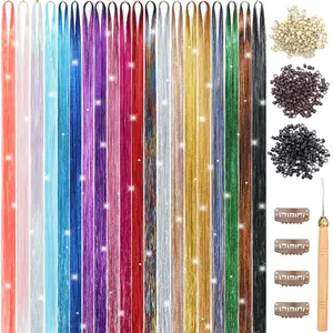 Hair Tinsel Kit 4800 Strands Fairy Hair Tinsel Heat Resistant 48 Inches Glitter Tinsel Hair Extensions Highlights Sparkling Hair Tinsel Kit for Girls Hair Accessories Party Festival