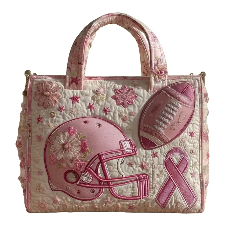 Handbag Shoulder Bag, Women Pink Football Helmet Rugby Floral Art Print Vintage Quilted Polyester Printed Hand Shoulder Bag, For Game Day Shopping Daily Outdoor Travel Weekend Party, Large Capacity Lightweight Reusable Durable Storage Handbag