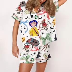 SHESHOW - Coquette Coraline Satin Pajama Set For Women Print Comfy Satin Sleepwear & Loungewear Pjs Printing Silky Top & Bottoms