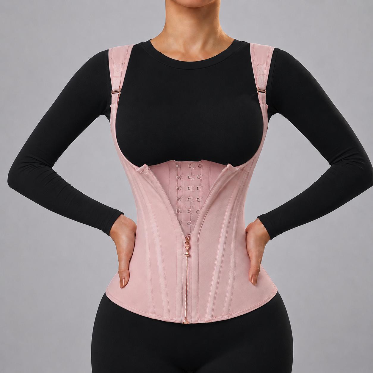 Women's Compression Corset Shapewear Top - Nylon Blend, Breathable Mesh High-Stretch Vest with Steel Bones, U-Shaped Chest, Adjustable Zipper, Hooks, Straps for Tummy Smoothing, Waist Trainer