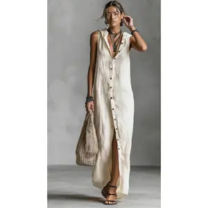 Women's 2026 new casual loose sleeveless long dress single-breasted fashion hooded dress