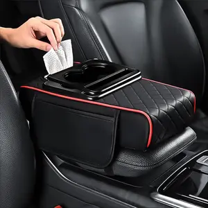 Multifunctional Car Armrest Console Storage Organizer Box/Pad/Bag with Cup Holder & Tissue Box - Leather Central Interior Accessories