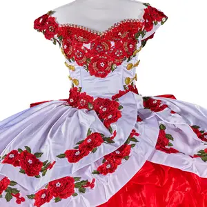 Charro Red – White & Red Mexican-Inspired Embroidered Ball Gown