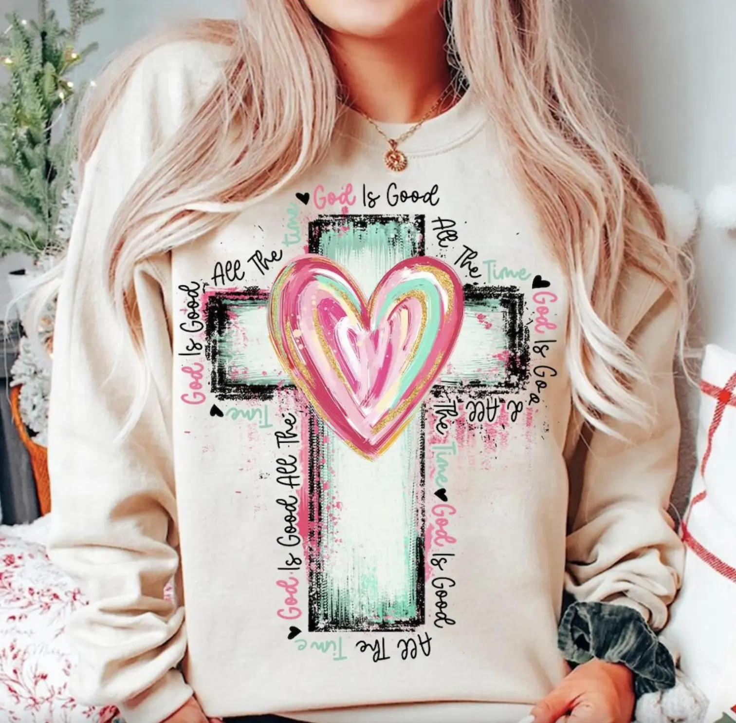 God Is Good All The Time Sweater, Hand Drawn Cross Shirt, Watercolor Cross Tee Religious Hoodie Christian Shirt Unisex T-Shirt Gift For Women For Men