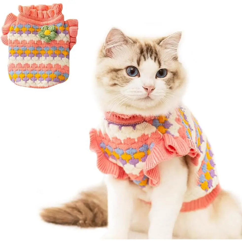 Dog Sweater, Knitted Tulip Cat Sweater, Warm Thick Holiday Puppy Clothes for Girl, Cold Weather Outfit for Kitten Chihuahua Yorkie Teacup Dachshund Pug (Pink, Small)