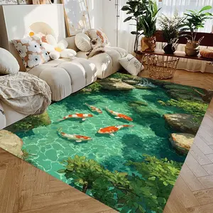 2D Koi Pond Printed Carpet Summer Style Home Decor Soft and Comfortable Living Room Carpet Bedroom Bedside Pad Natural Landscape Design Boho Area Rug