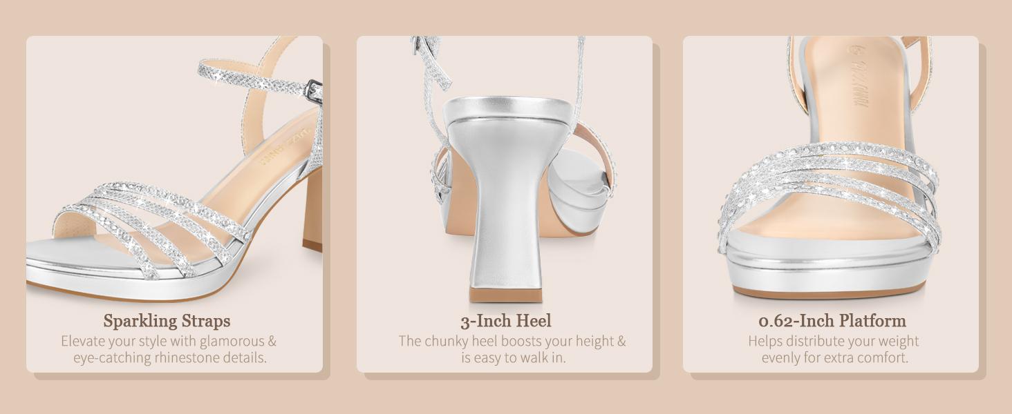 Lena Women's Platform Heels High Block Chunky Sparkly Rhinestone Open Toe Ankle Strap Fashion Dress Pump Sandals Shoes for Party Wedding