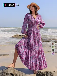 Women's Boho Style Long Sleeve Woven Paisley Dress, Fitted Waist Design, Comfortable & Stylish for All Seasons, Perfect for Beach