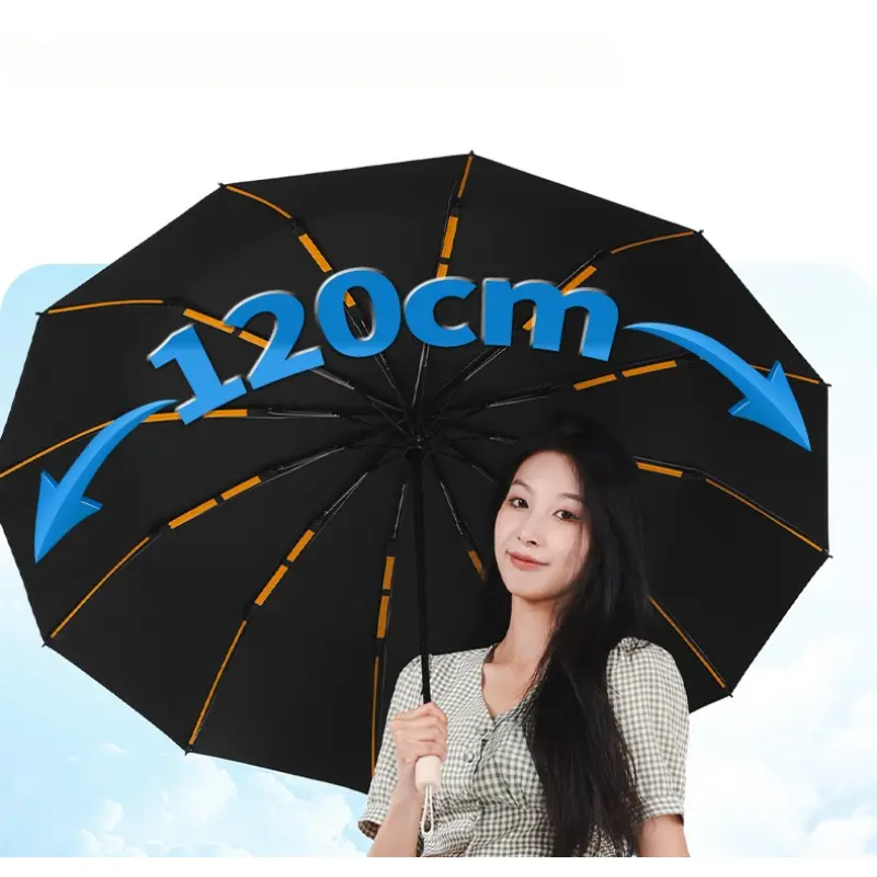 Large Size 192-Bone Stainless Steel Fully Automatic Triple Fold Umbrella, Heavy Duty Wind Resistant Anti-Storm Reverse Rain Gear, UV Protection Sunshade with Black Adhesive Tape